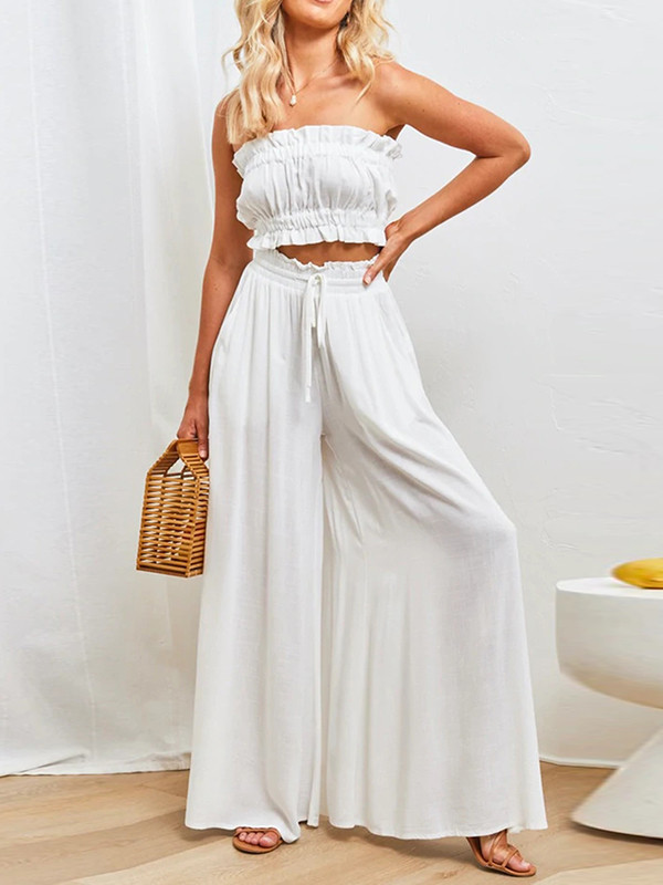 Solid Color Pockets Pleated Elasticity Drawstring Wide Leg Loose Trousers Pants