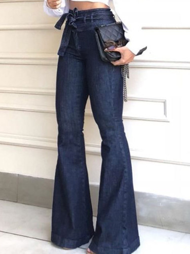 Tied Waist Solid Color Loose High Waisted Jean Pants Bottoms
