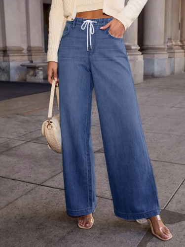 Split-Joint Elasticity Drawstring Loose High Waisted Jean Pants Bottoms
