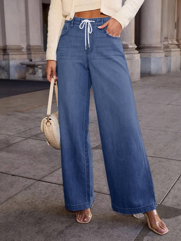 Split-Joint Elasticity Drawstring Loose High Waisted Jean Pants Bottoms