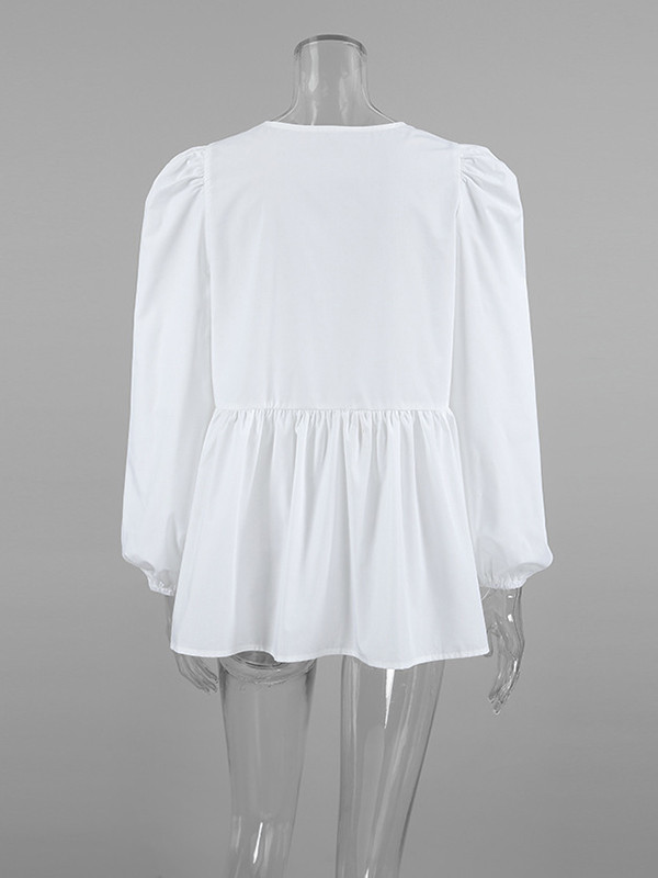 Tied Split-Joint Solid Color Elasticity Puff Sleeves Loose Round-Neck Blouses&Shirts Tops