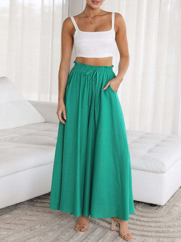 Solid Color Pockets Pleated Elasticity Drawstring Wide Leg Loose Trousers Pants