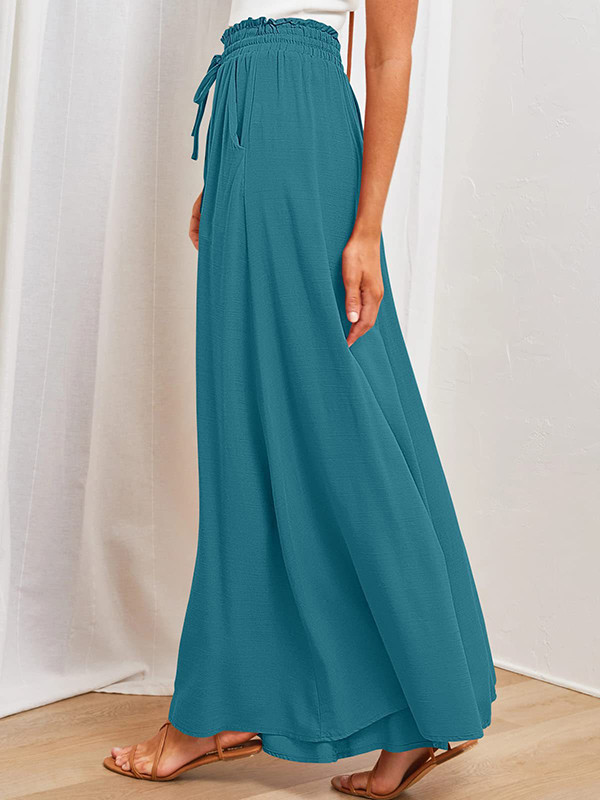 Solid Color Pockets Pleated Elasticity Drawstring Wide Leg Loose Trousers Pants