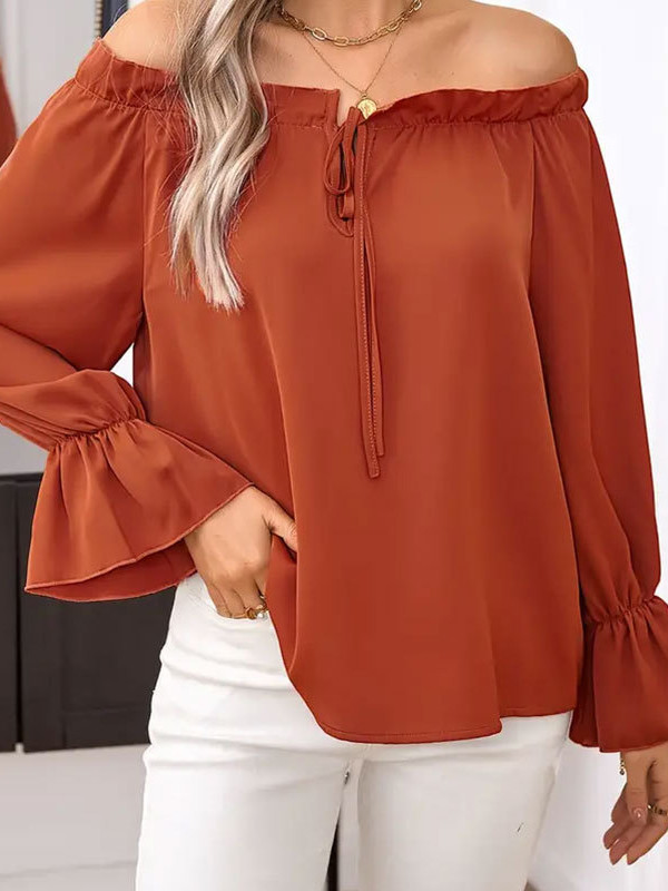 Solid Color Pleated Elasticity Drawstring Loose Long Sleeves Off-the-shoulder Blouses&shirts Tops