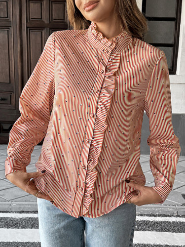 Striped Ruffle Trim Buttoned Loose Long Sleeves Mock Neck Blouses&Shirts Tops