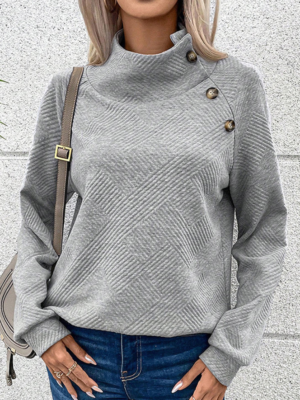 Split-Joint Solid Color Buttoned Asymmetric Loose Long Sleeves Mock Neck Sweatshirt Tops