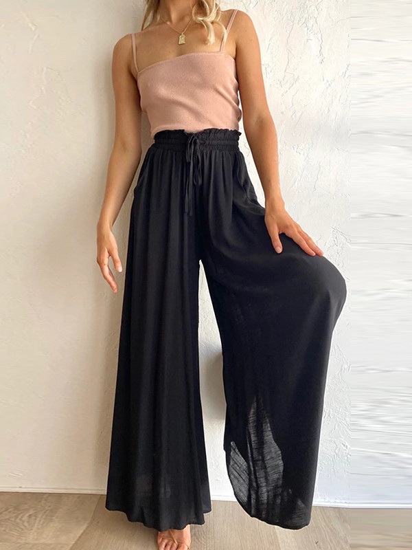 Solid Color Pockets Pleated Elasticity Drawstring Wide Leg Loose Trousers Pants