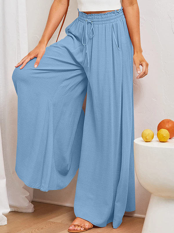 Solid Color Pockets Pleated Elasticity Drawstring Wide Leg Loose Trousers Pants