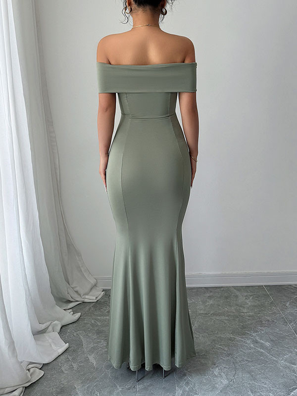 Zipper Solid Color High Waisted Bodycon Off-The-Shoulder Maxi Dresses