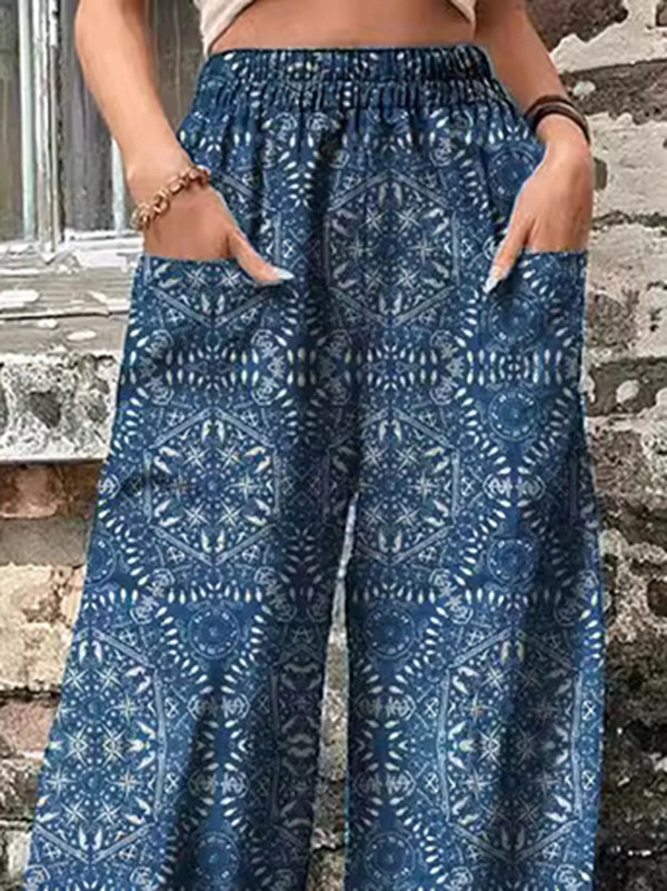 Split-Joint Printed Elasticity Wide Leg Loose Trousers Pants