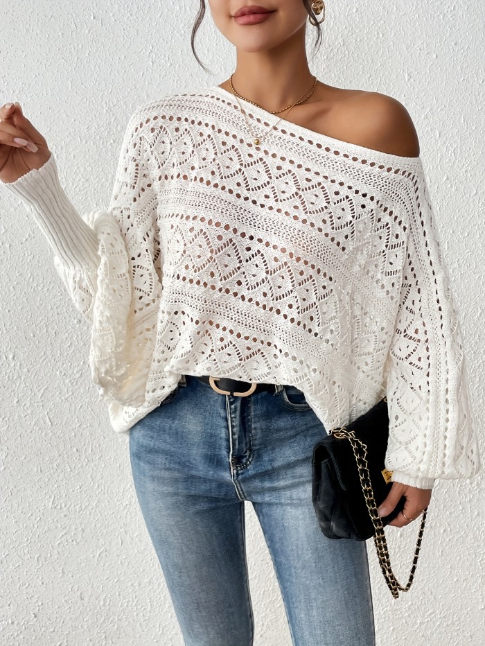 Women'S Casual Asymmetrical Neckline Long Sleeve Round Cut Solid Color Pullover Sweater
