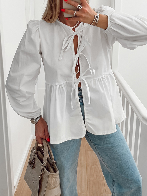 Tied Split-Joint Solid Color Elasticity Puff Sleeves Loose Round-Neck Blouses&Shirts Tops