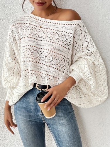 Women'S Casual Asymmetrical Neckline Long Sleeve Round Cut Solid Color Pullover Sweater