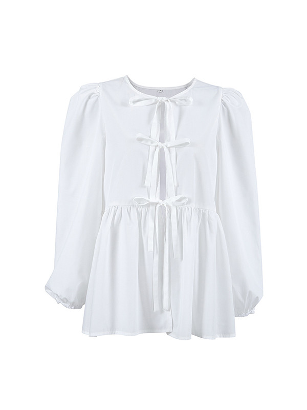 Tied Split-Joint Solid Color Elasticity Puff Sleeves Loose Round-Neck Blouses&Shirts Tops