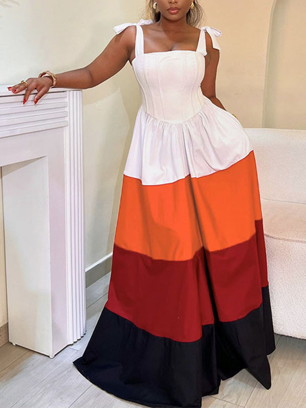 Zipper Tied Pockets Pleated Contrast Color Sleeveless High Waisted Spaghetti-Neck Maxi Dresses