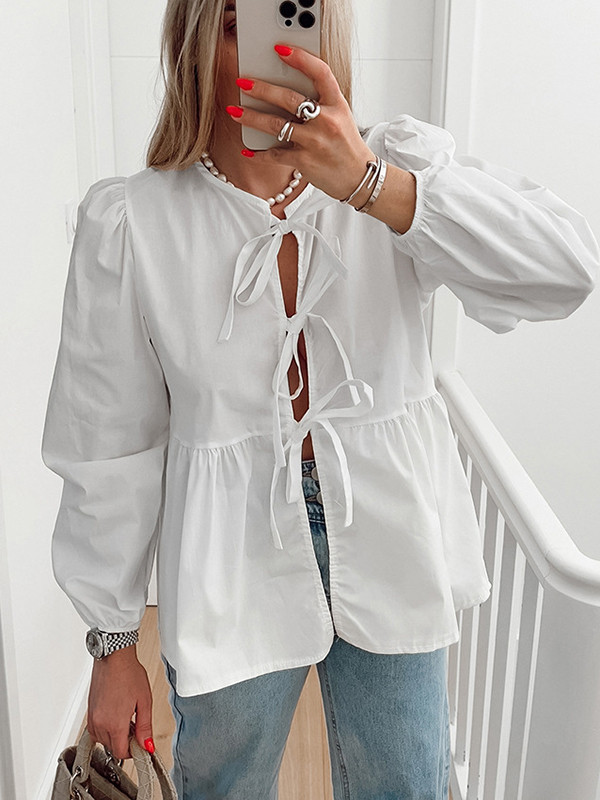 Tied Split-Joint Solid Color Elasticity Puff Sleeves Loose Round-Neck Blouses&Shirts Tops