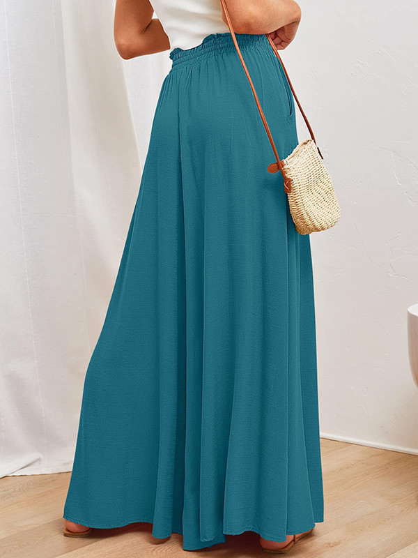 Solid Color Pockets Pleated Elasticity Drawstring Wide Leg Loose Trousers Pants