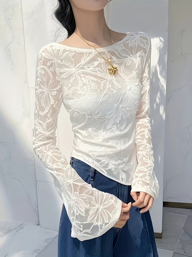 Women's Elegant Lace Contrast Long Sleeve Blouse