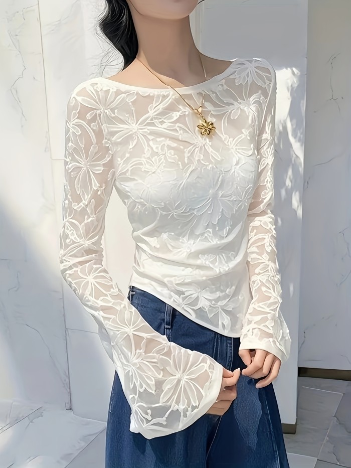 Women's Elegant Lace Contrast Long Sleeve Blouse