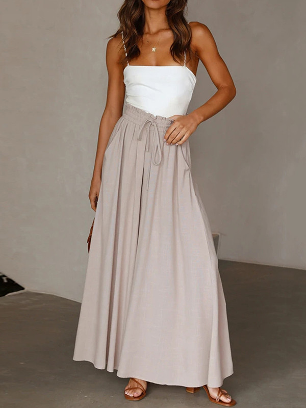 Solid Color Pockets Pleated Elasticity Drawstring Wide Leg Loose Trousers Pants