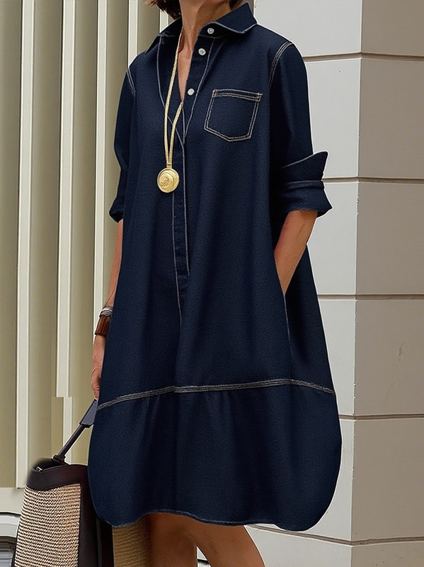 Solid Color Pockets Buttoned Loose Long Sleeves Lapel Midi Dresses