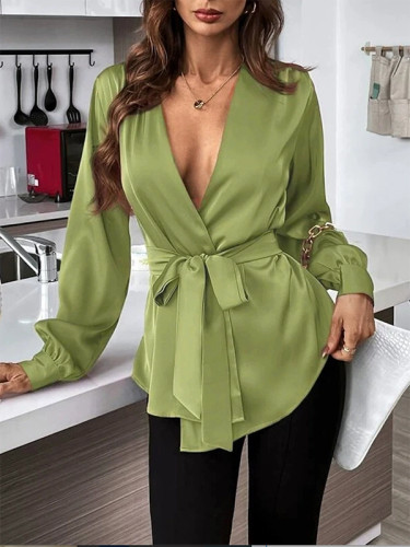 Tied Waist Split-Joint Solid Color Pleated Puff Sleeves Loose V-neck Blouses&shirts Tops