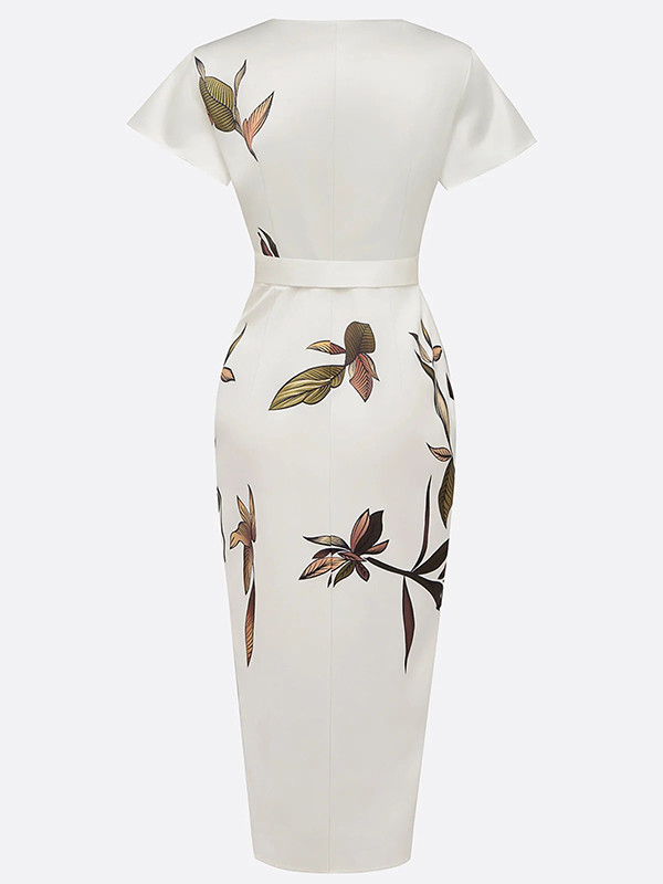 Split-Joint Printed Pleated Asymmetric Raglan Sleeve V-Neck Midi Dresses