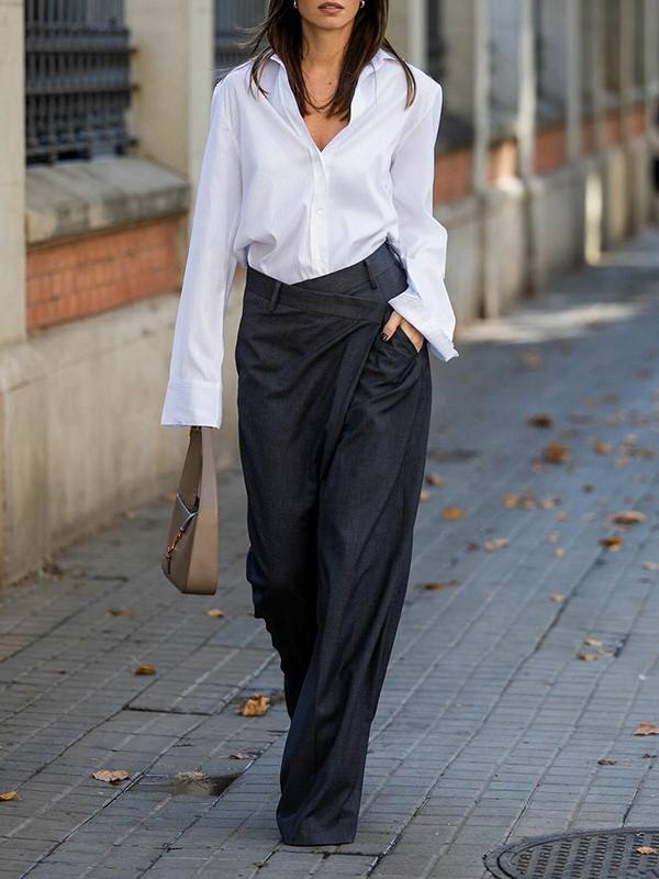 Split-Joint Solid Color Asymmetric Wide Leg Loose Trousers Suit Pants