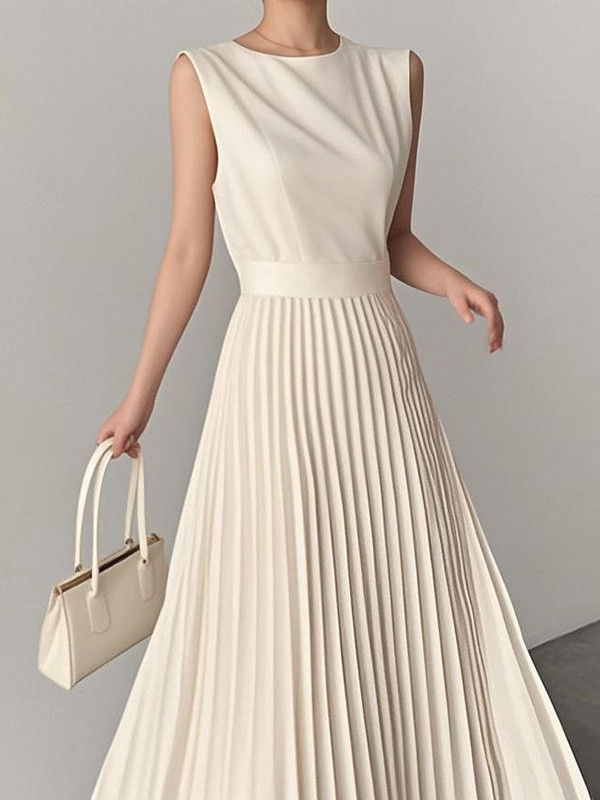 Solid Color Pleated Sleeveless Loose Round-Neck Maxi Dresses