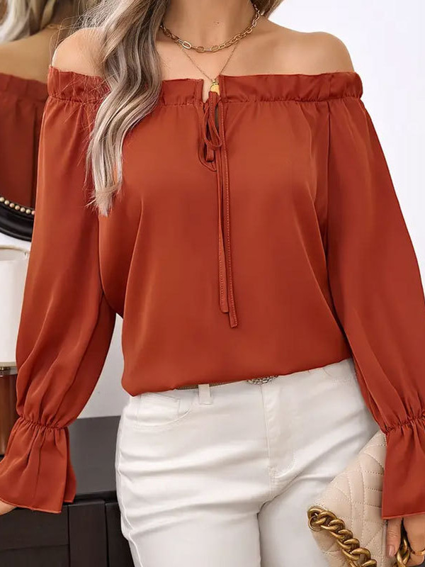 Solid Color Pleated Elasticity Drawstring Loose Long Sleeves Off-the-shoulder Blouses&shirts Tops