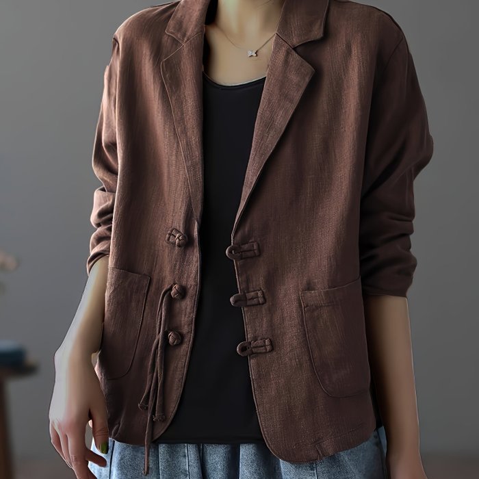 Plus Size, Women's Chinese Vintage Jacket - Elegant Button-Front Blazer