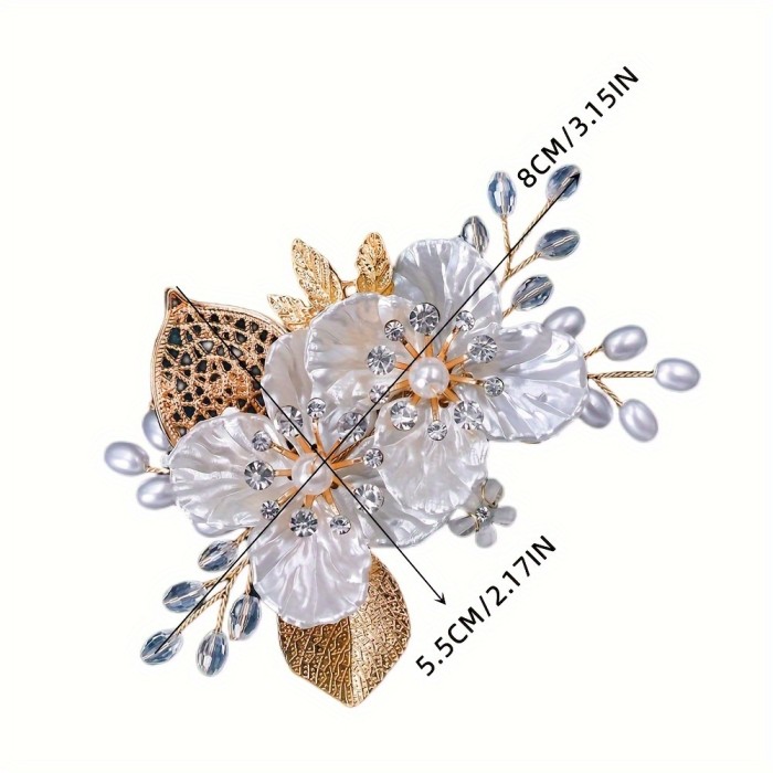 1pc Elegant Floral Hair Clip with Golden Leaf, Resin Flower and Pearl Accents, Vintage Side Rhinestone Hair Accessory for Parties - All-Season Solid Color Hairpin, Hair Accessories