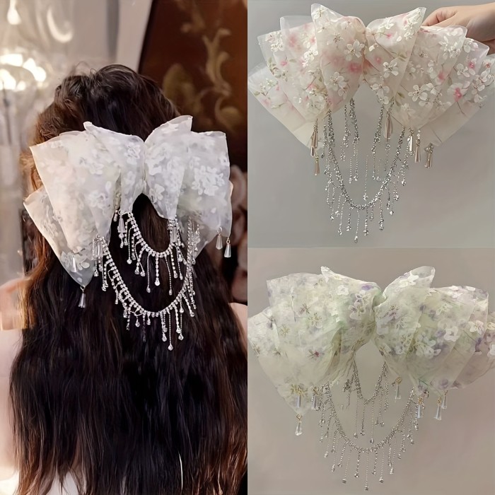 1pc Elegant Floral Bowknot Tassel Hair Clip for Women - Volumizing Half-Up Spring Clamp, White & Pink Floral Print, Perfect for Daily Wear, Parties, and Special Occasions, Cute Hair Accessories