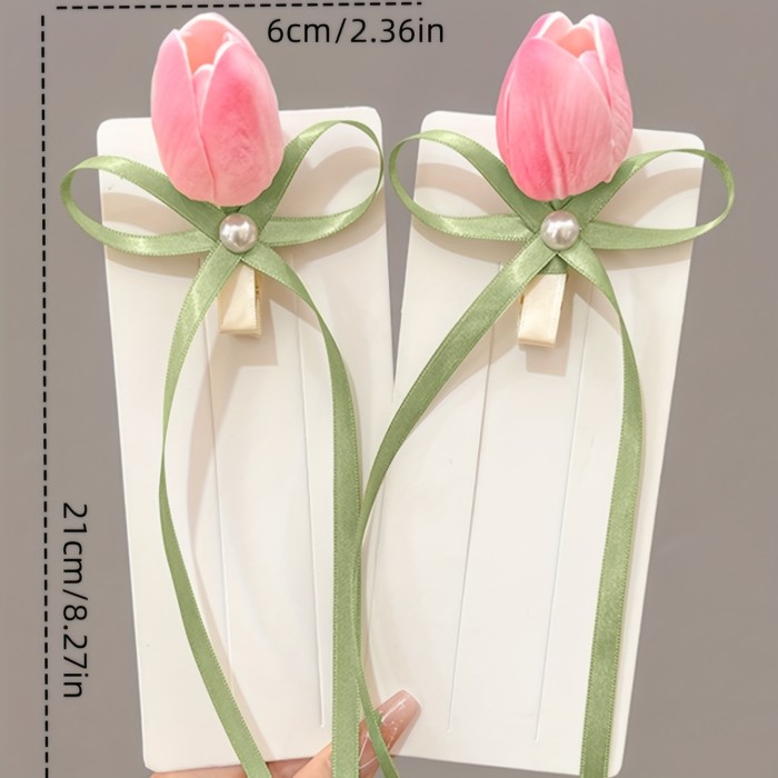 2pcs sweet tulip flowers ribbon hair clip Korean style duckbill clip imitation side clip ponytail clip fashion gift hair accessories