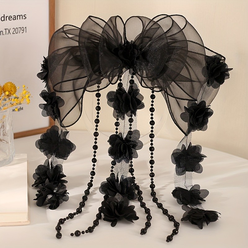 1pc Bohemian Floral Tassel Hair Clip for Women - Elegant Black Floral Design with Lace Detailing, Perfect for Parties, Daily Wear & Special Occasions, Festive Hair Accessory, Party Hair Accessory, Bohemian Style, Intricate Craftsmanship