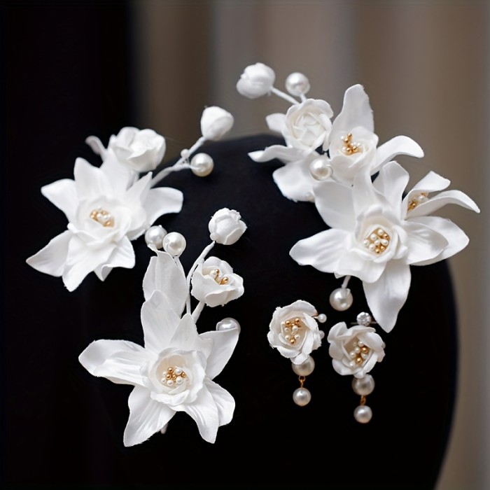 Super Fairy Forest Style Sweet Flower Hair Clip Set for Bride, with Ear Clips, High-end Headwear Wedding Look Accessories