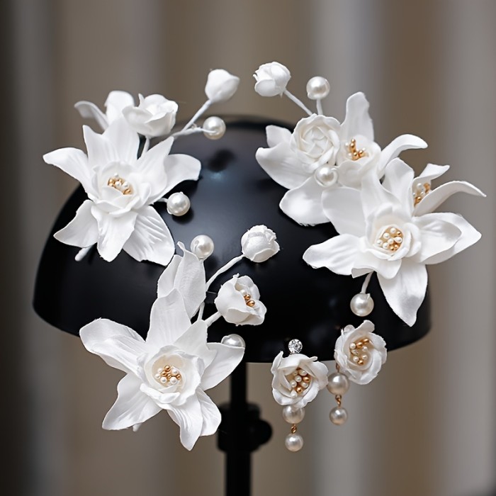 Super Fairy Forest Style Sweet Flower Hair Clip Set for Bride, with Ear Clips, High-end Headwear Wedding Look Accessories