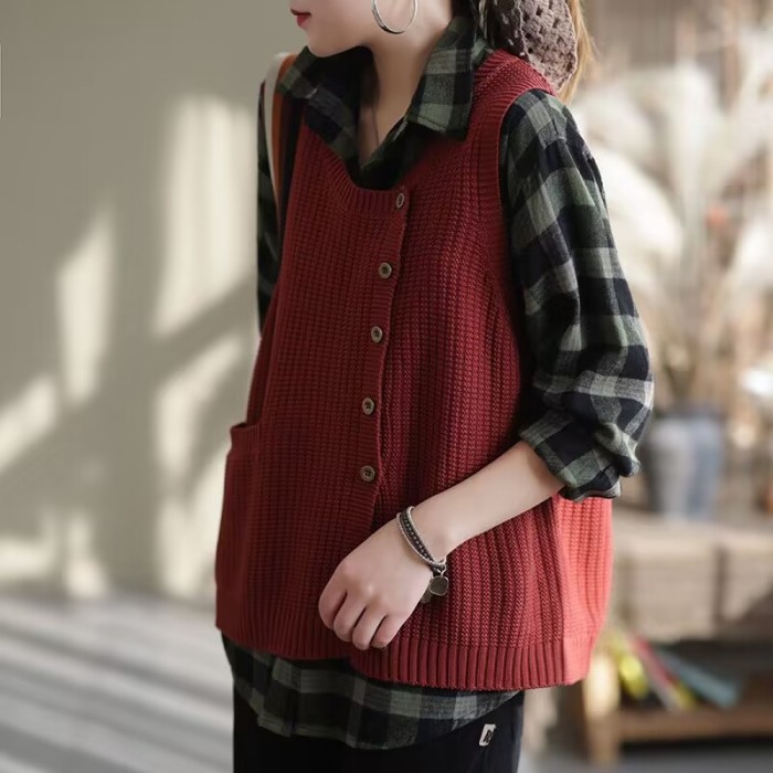 Plus Size Casual Solid Color Knitted Cardigan Jacket, Fashionable Layered Button-Down Front Vest With Pockets, Women's Plus Size Clothing