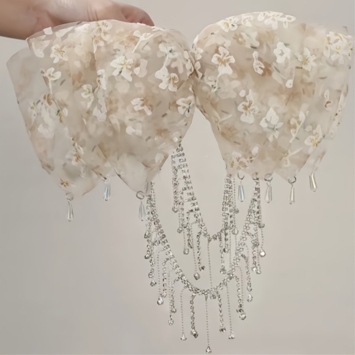 1pc Elegant Floral Bowknot Tassel Hair Clip for Women - Volumizing Half-Up Spring Clamp, White & Pink Floral Print, Perfect for Daily Wear, Parties, and Special Occasions, Cute Hair Accessories