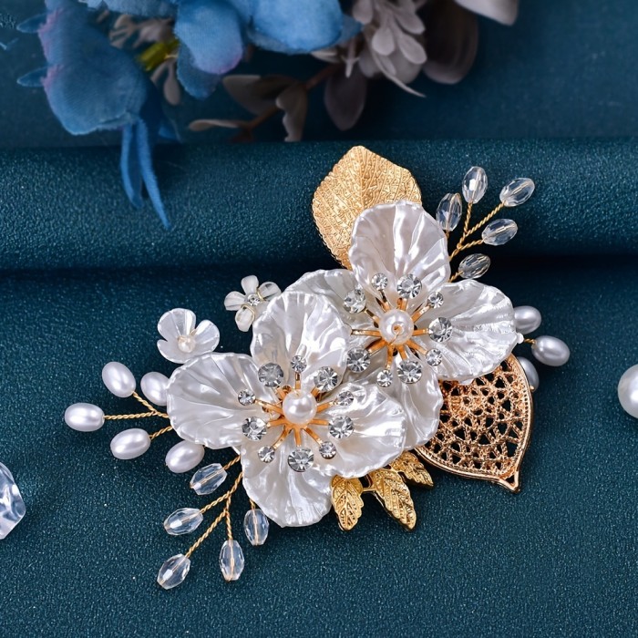 1pc Elegant Floral Hair Clip with Golden Leaf, Resin Flower and Pearl Accents, Vintage Side Rhinestone Hair Accessory for Parties - All-Season Solid Color Hairpin, Hair Accessories