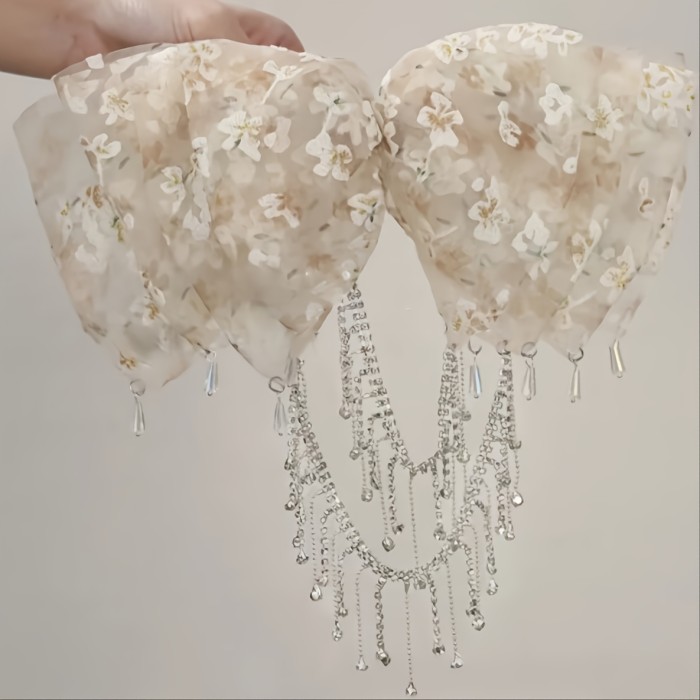 1pc Elegant Floral Bowknot Tassel Hair Clip for Women - Volumizing Half-Up Spring Clamp, White & Pink Floral Print, Perfect for Daily Wear, Parties, and Special Occasions, Cute Hair Accessories