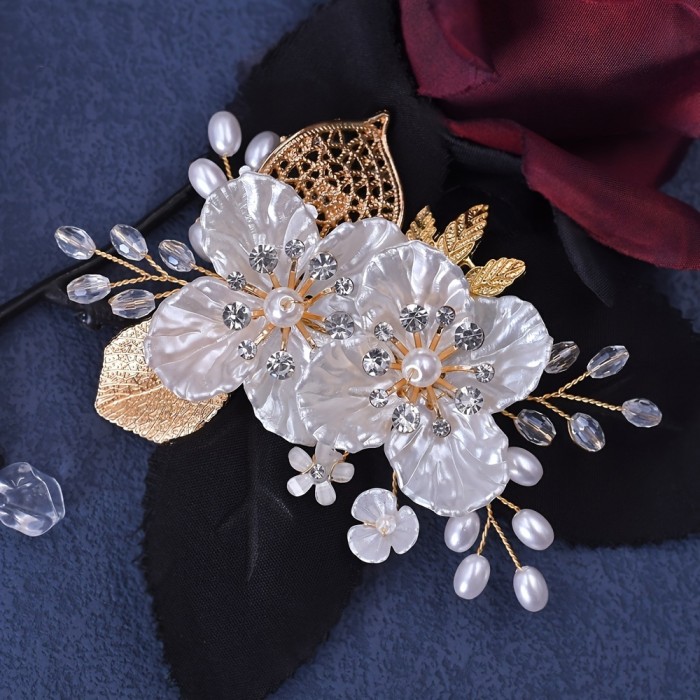 1pc Elegant Floral Hair Clip with Golden Leaf, Resin Flower and Pearl Accents, Vintage Side Rhinestone Hair Accessory for Parties - All-Season Solid Color Hairpin, Hair Accessories