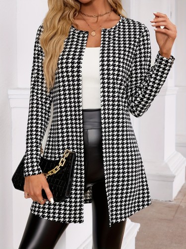 Stylish Crew Neck Long Sleeve Houndstooth Bomber Jacket
