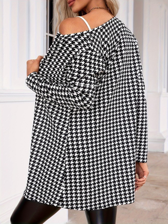 Stylish Crew Neck Long Sleeve Houndstooth Bomber Jacket