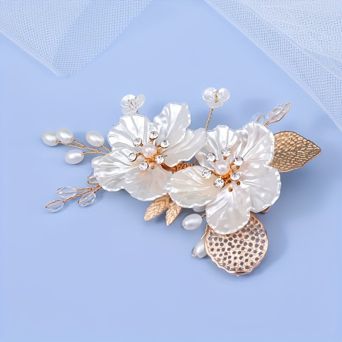 1pc Elegant Floral Hair Clip with Golden Leaf, Resin Flower and Pearl Accents, Vintage Side Rhinestone Hair Accessory for Parties - All-Season Solid Color Hairpin, Hair Accessories