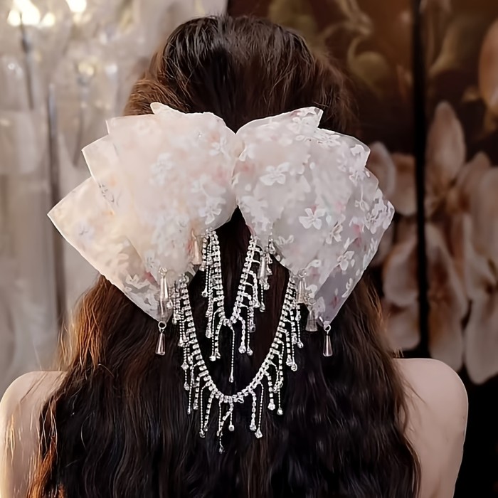 1pc Elegant Floral Bowknot Tassel Hair Clip for Women - Volumizing Half-Up Spring Clamp, White & Pink Floral Print, Perfect for Daily Wear, Parties, and Special Occasions, Cute Hair Accessories