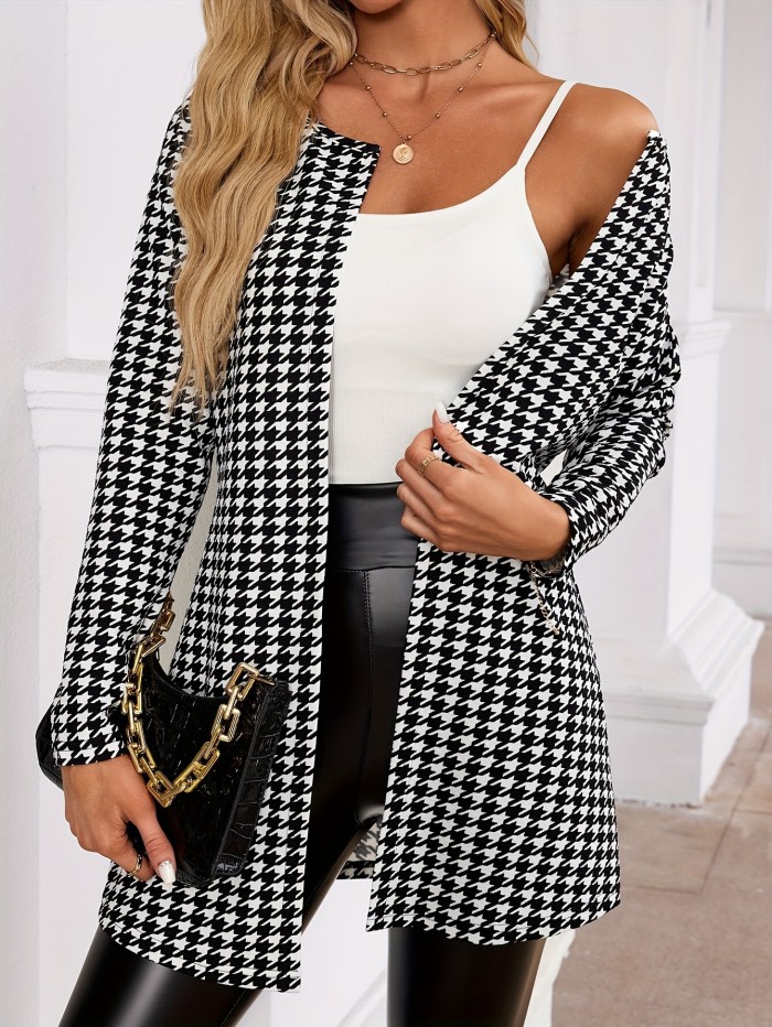 Stylish Crew Neck Long Sleeve Houndstooth Bomber Jacket