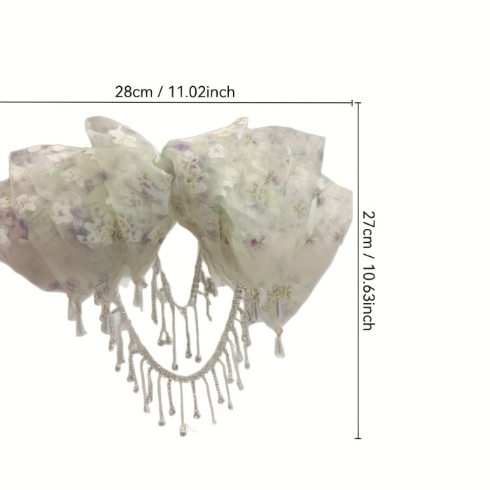 1pc Elegant Floral Bowknot Tassel Hair Clip for Women - Volumizing Half-Up Spring Clamp, White & Pink Floral Print, Perfect for Daily Wear, Parties, and Special Occasions, Cute Hair Accessories