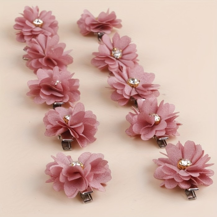 6pcs Elegant Fabric Flower Hair Clips - Pink Floral Design with Rhinestone Center, Ideal for Wedding Bridal Accessories, Dressy Occasions & Formal Events, Wedding Hair Accessorie