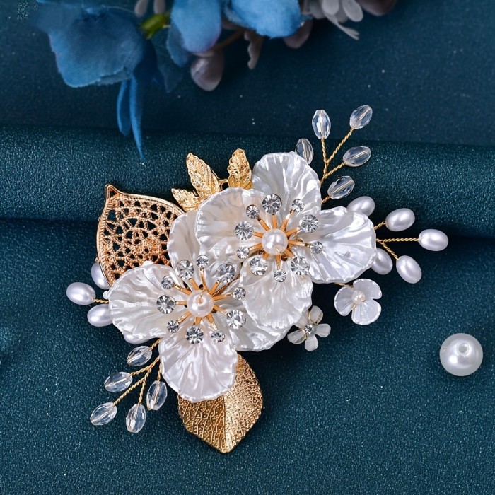 1pc Elegant Floral Hair Clip with Golden Leaf, Resin Flower and Pearl Accents, Vintage Side Rhinestone Hair Accessory for Parties - All-Season Solid Color Hairpin, Hair Accessories